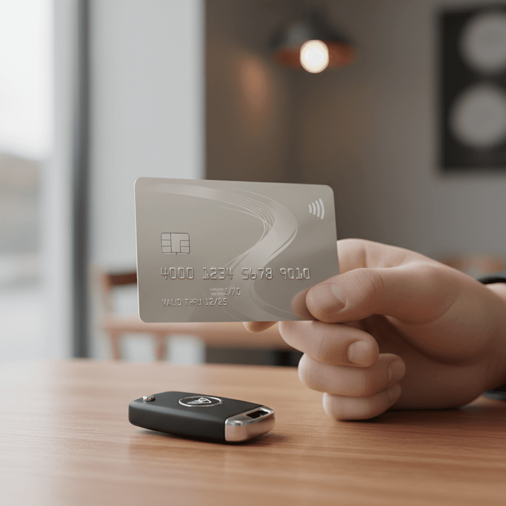 Mano che tiene una carta di credito con una piccola chiave dell'auto sul tavolo